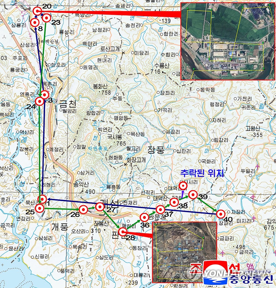 GPS waypoint log recovered from the Jan 4, 2026 drone: a grid pass over the Pyongsan uranium mill (top right), south along the Ryesong River past Kumchon, and across Kaesong and Panmun (bottom right) before crashing in Jangpung County.