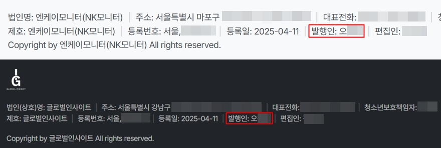 Website footers of NK Monitor (nkmonitor.co.kr) and Global Insight (globalinsight.co.kr), both registered on April 11, 2025 with Oh Jong-taek listed as publisher (발행인). Investigators allege that officers from the ROK Defense Intelligence Command (국군정보사령부) funneled about 13 million KRW (~$9,500) in operating funds to the group through these outlets.