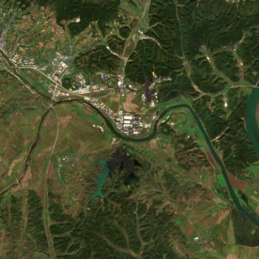 Pyongsan uranium mill의 센티넬-2 위성 영상, 가로 5.1km, 2025년 10월 8일 촬영